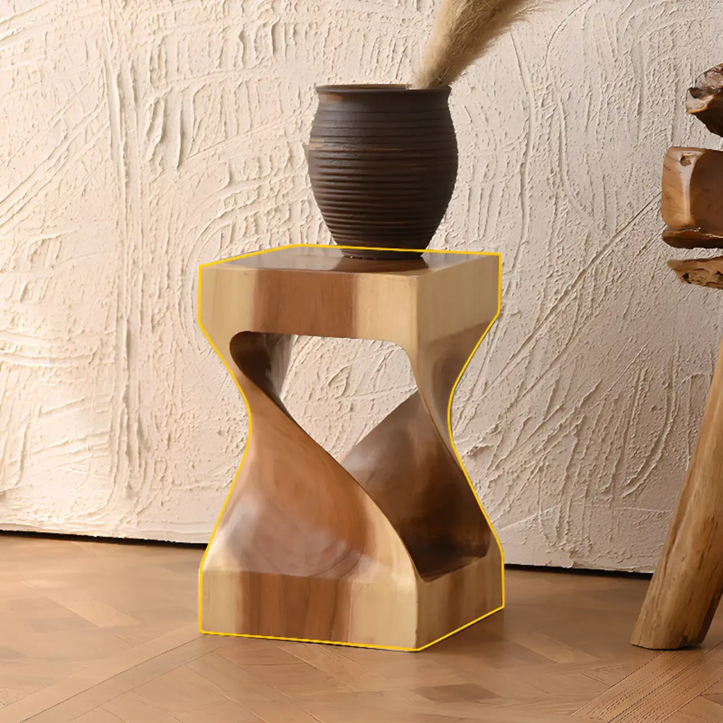 Sculpted Square Brown Solid Wood End Table for Small Space