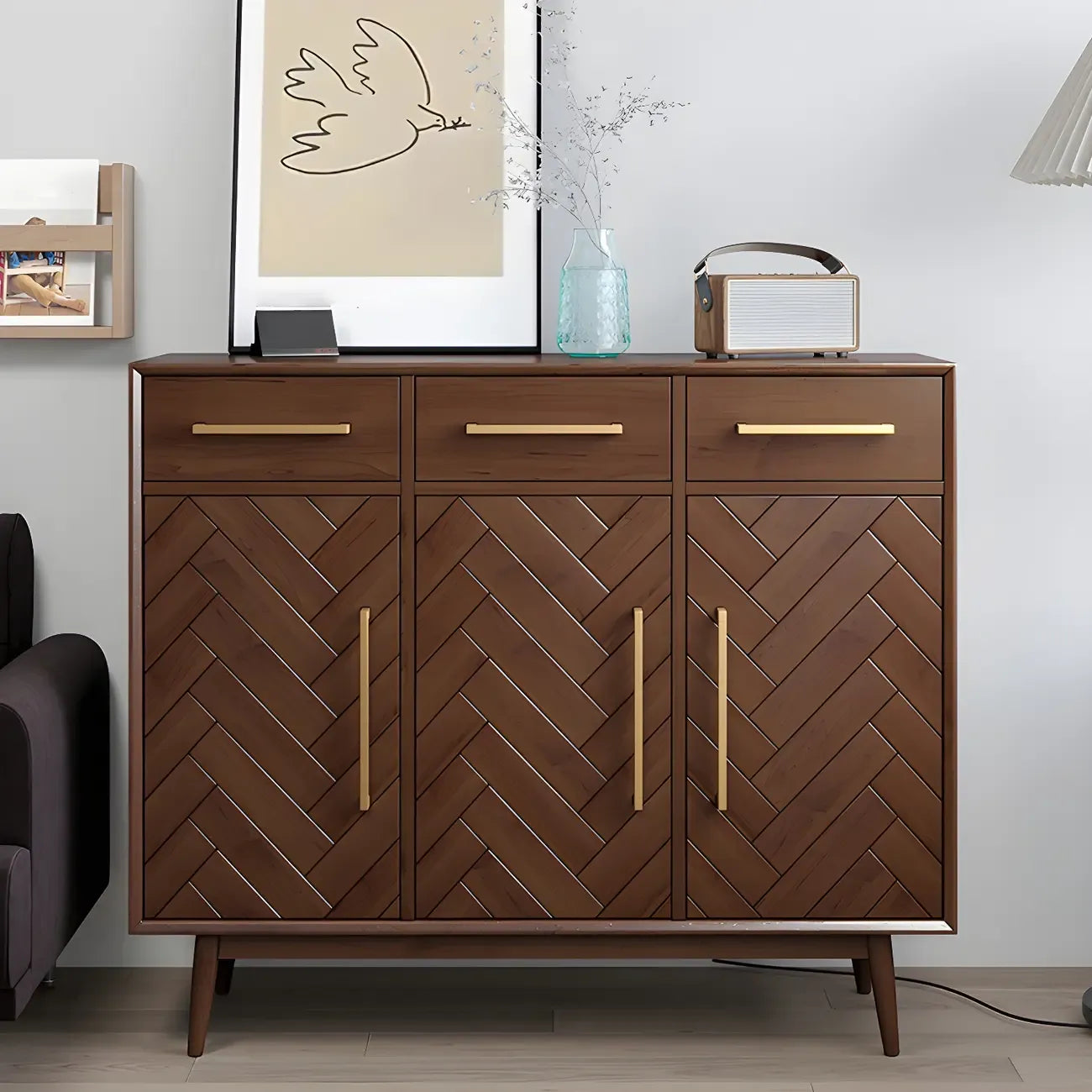 Modern Brown Solid Wood Sideboard with Drawers