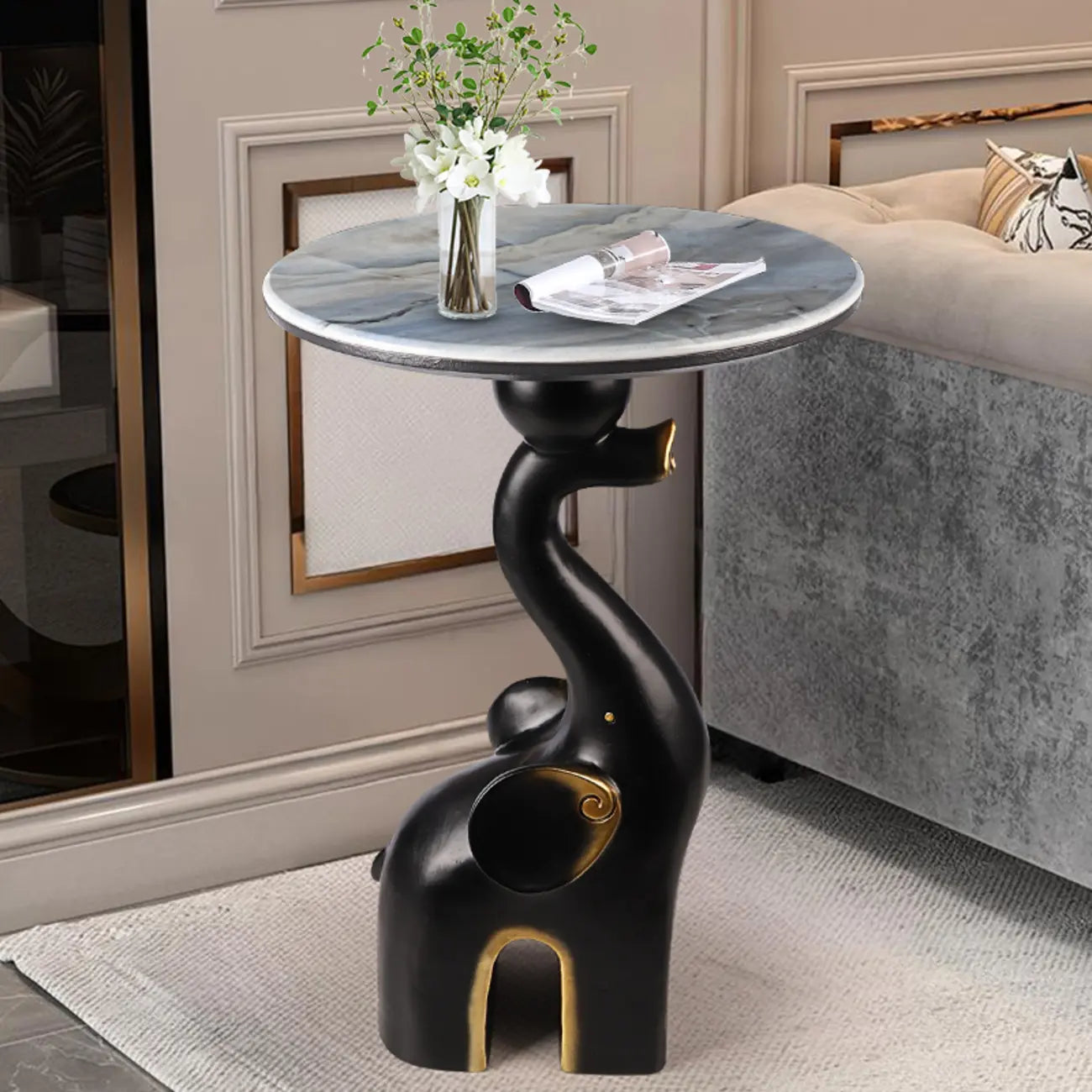Black Elephant Side Table with Stone Top for Living Room