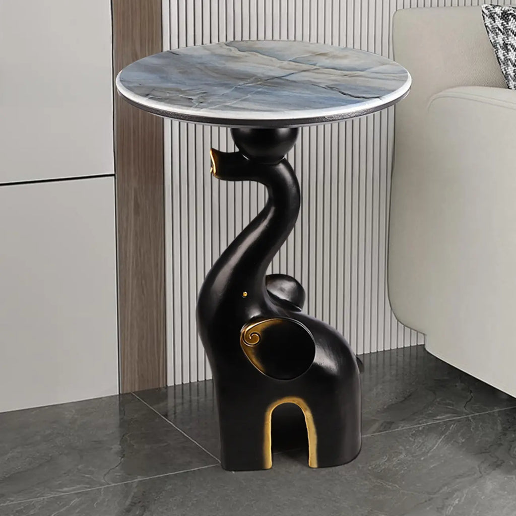 Black Elephant Side Table with Stone Top for Living Room