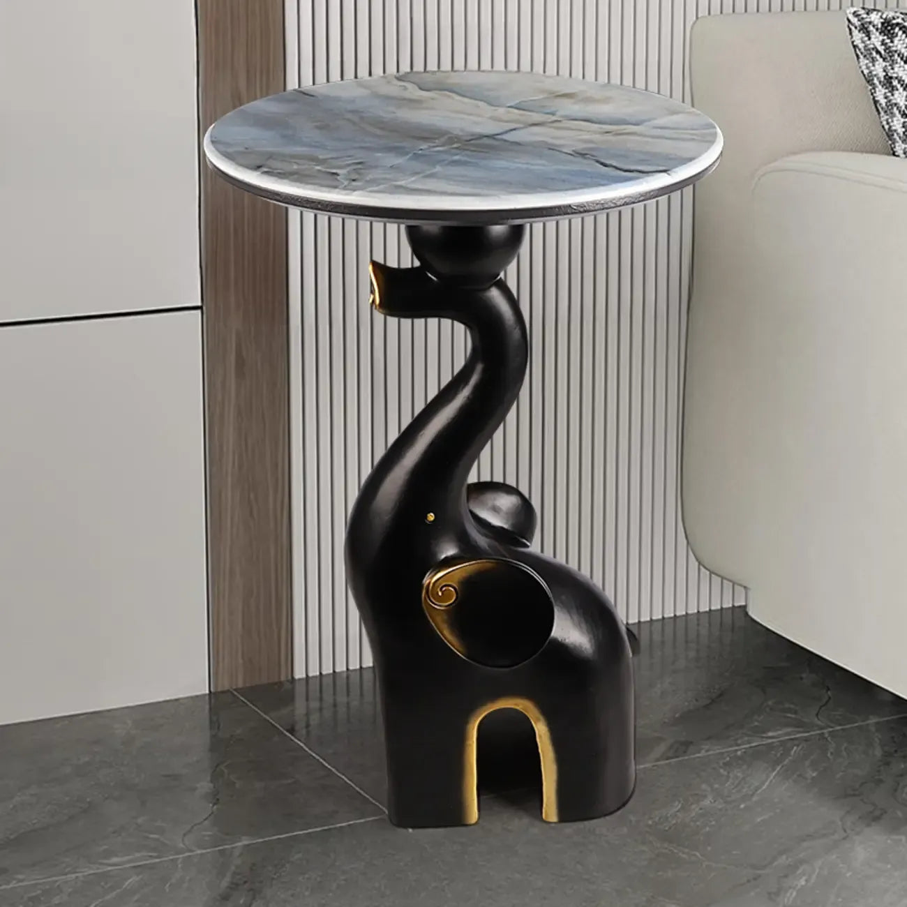 Black Elephant Side Table with Stone Top for Living Room
