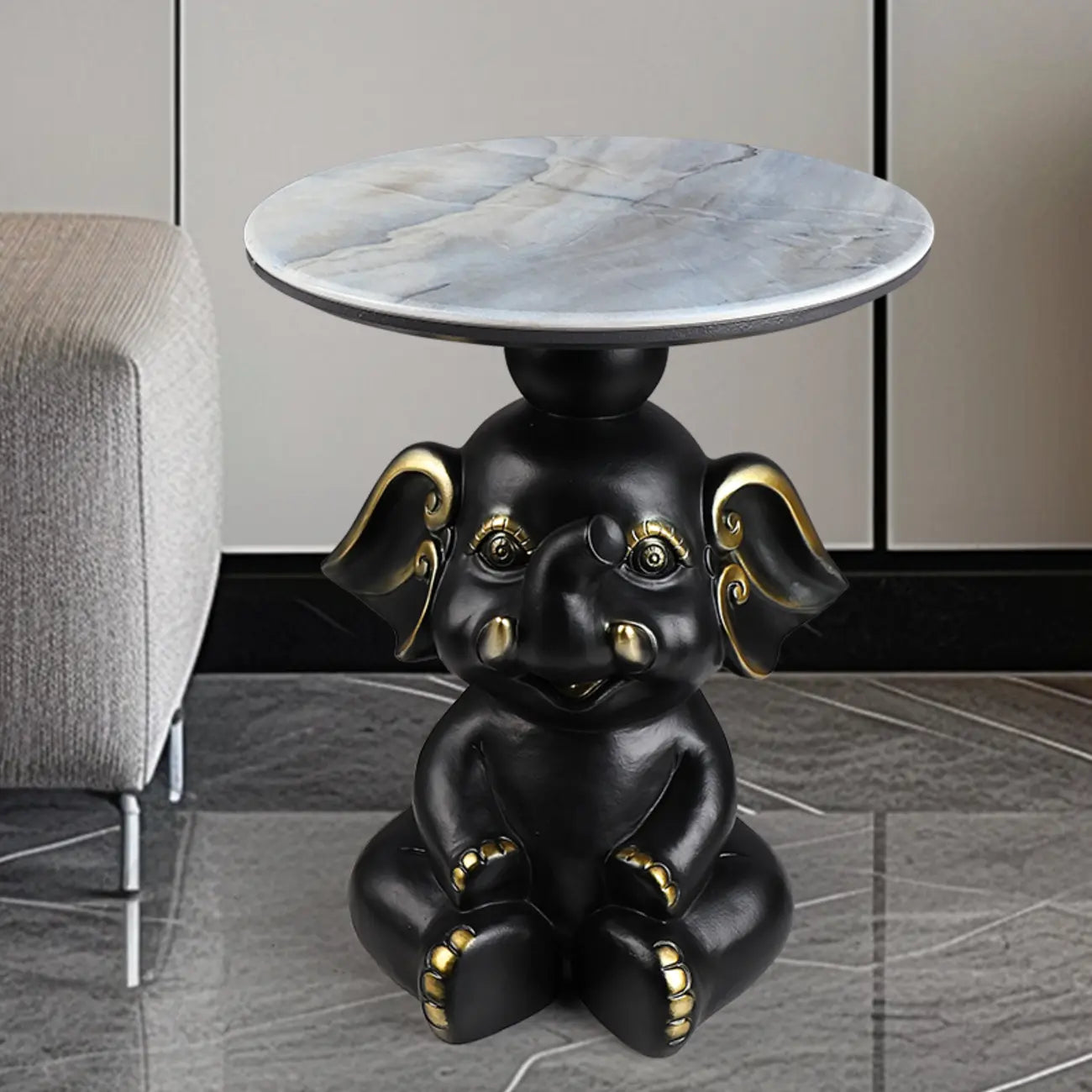 Black Elephant Side Table with Stone Top for Living Room