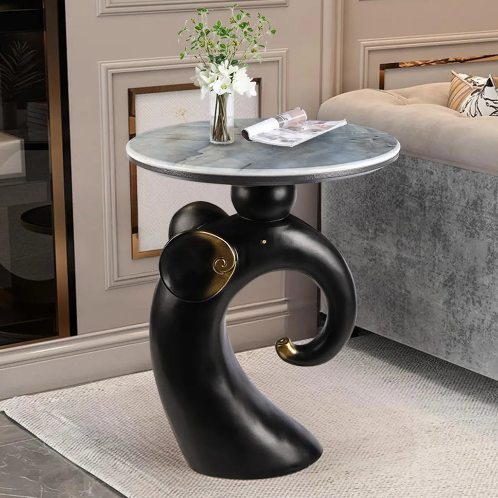 Black Elephant Side Table with Stone Top for Living Room