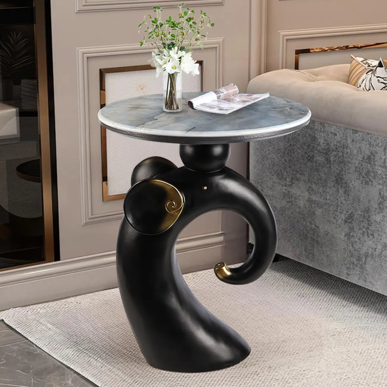 Black Elephant Side Table with Stone Top for Living Room