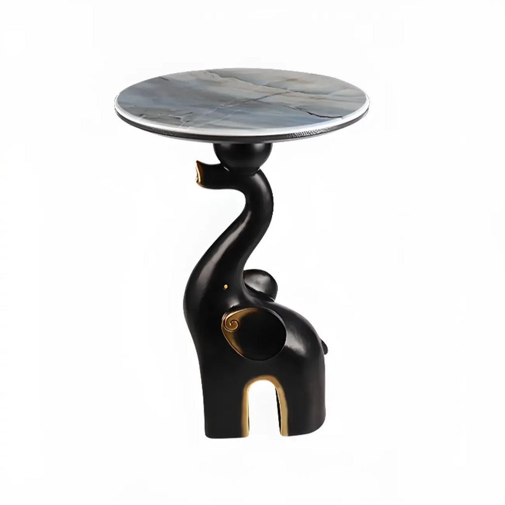 Black Elephant Side Table with Stone Top for Living Room