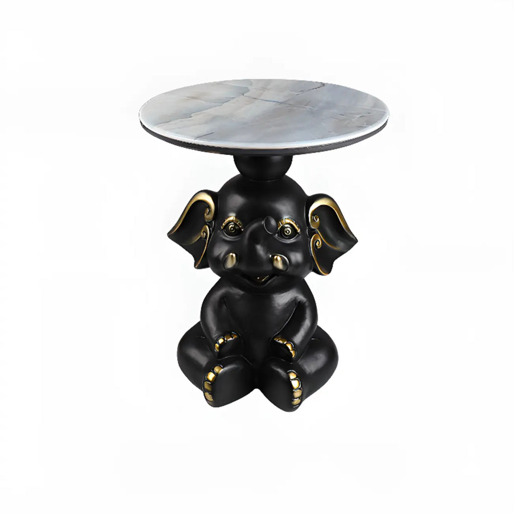 Black Elephant Side Table with Stone Top for Living Room