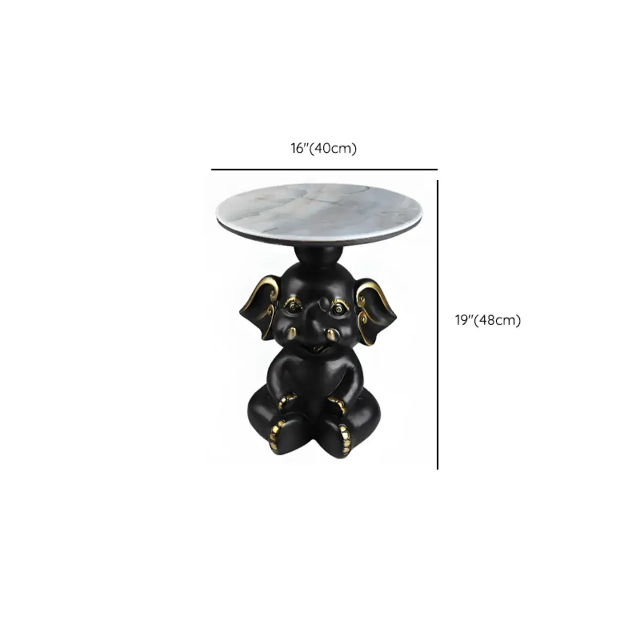 Black Elephant Side Table with Stone Top for Living Room