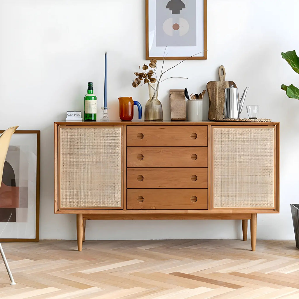 Classic Rattan Wood Sideboard with Storage for Dining Room