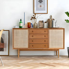 Classic Rattan Wood Sideboard with Storage for Dining Room
