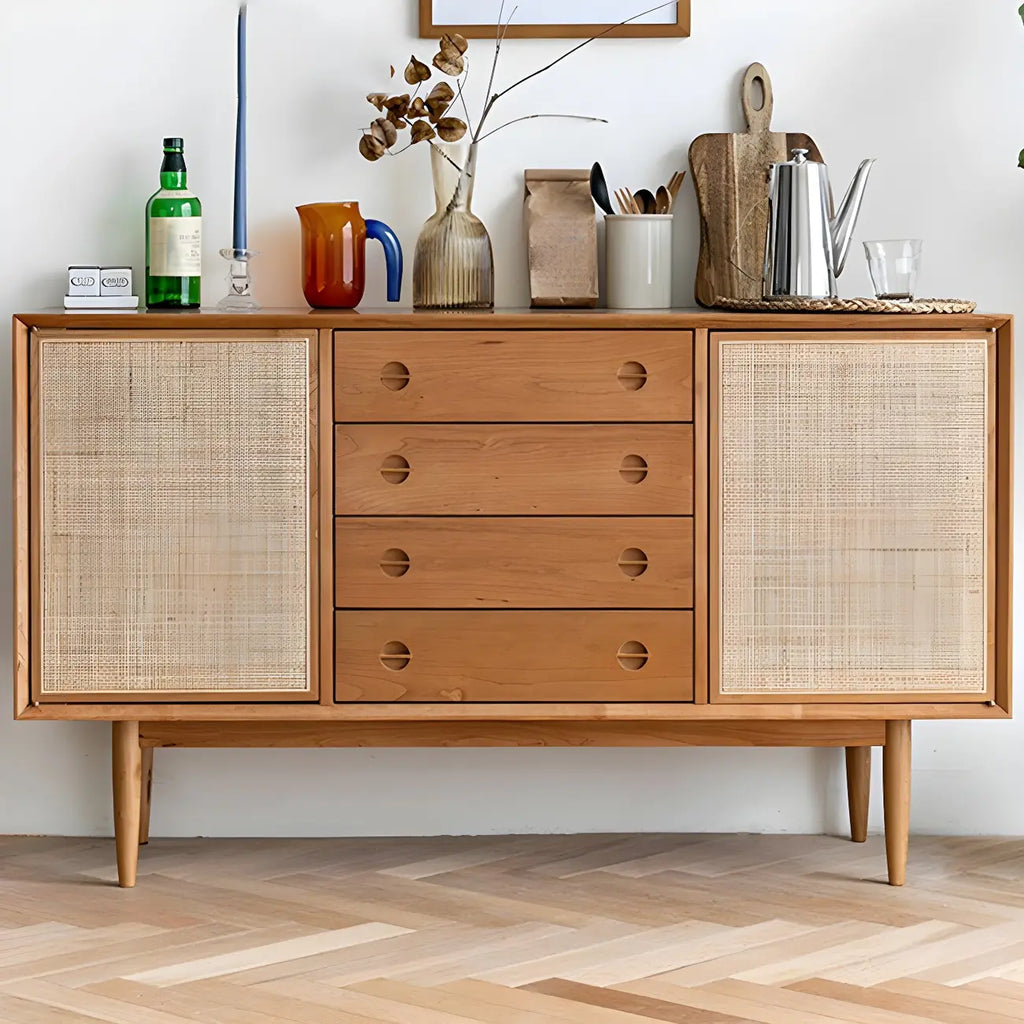 Classic Rattan Wood Sideboard with Storage for Dining Room