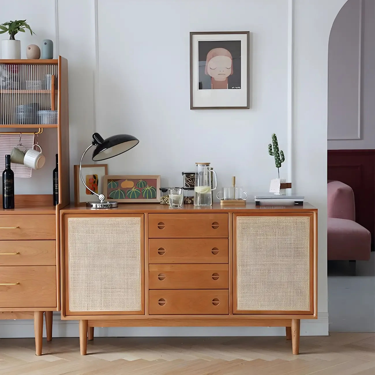 Classic Rattan Wood Sideboard with Storage for Dining Room