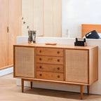 Classic Rattan Wood Sideboard with Storage for Dining Room
