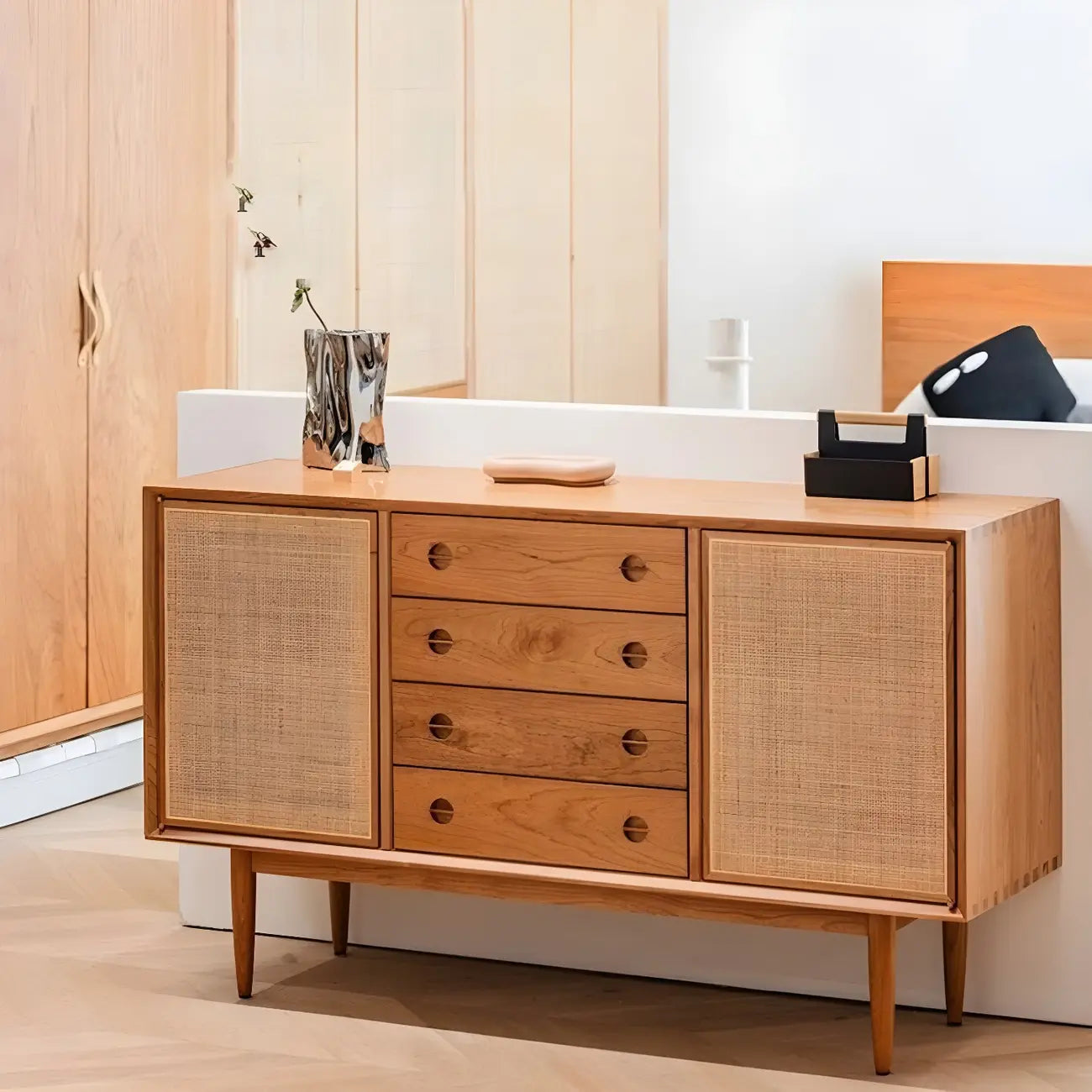 Classic Rattan Wood Sideboard with Storage for Dining Room