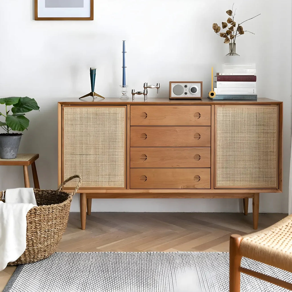 Classic Rattan Wood Sideboard with Storage for Dining Room