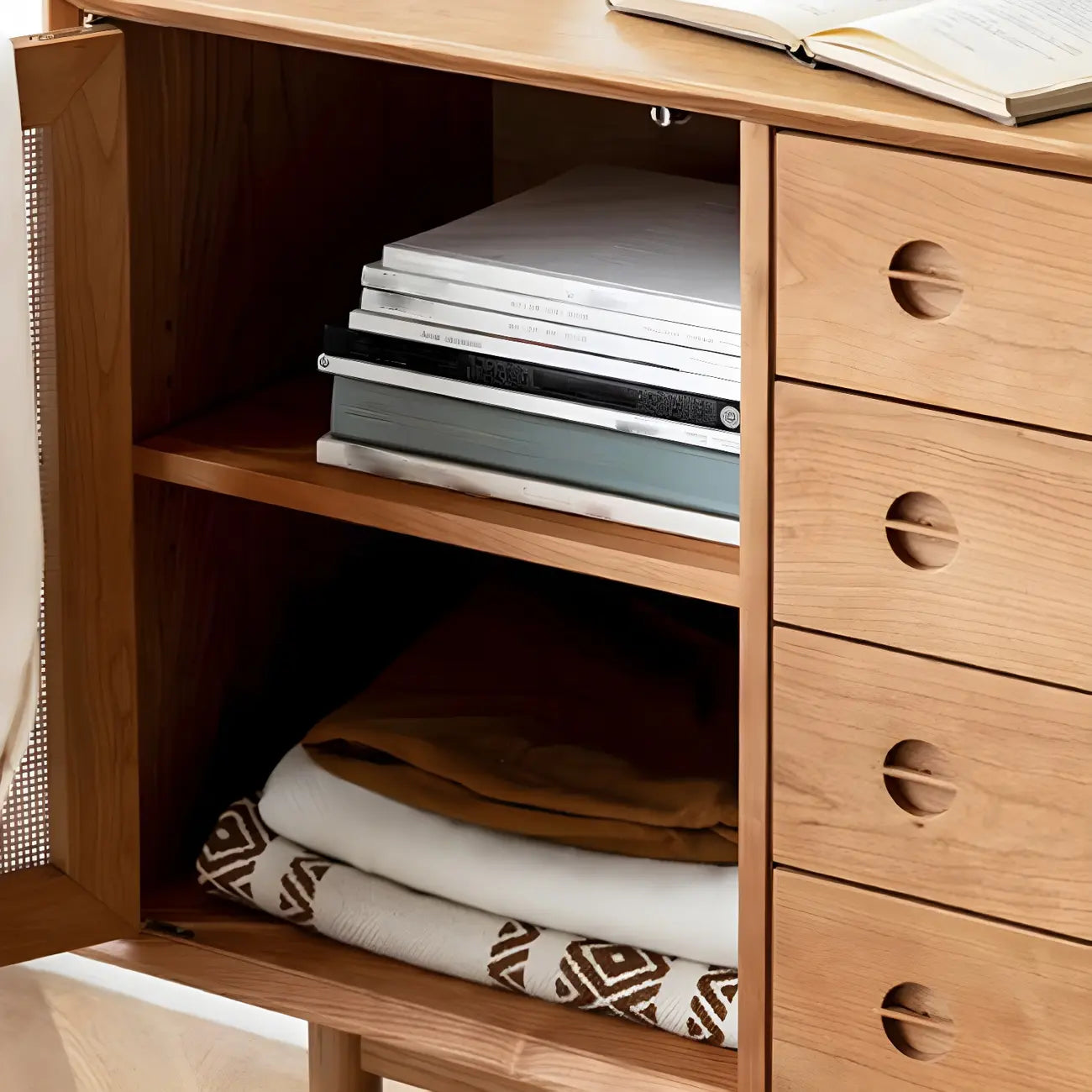 Classic Rattan Wood Sideboard with Storage for Dining Room