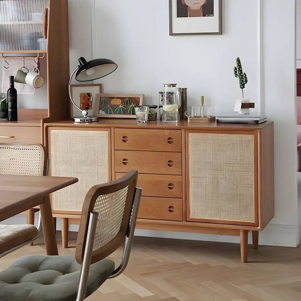 Classic Rattan Wood Sideboard with Storage for Dining Room