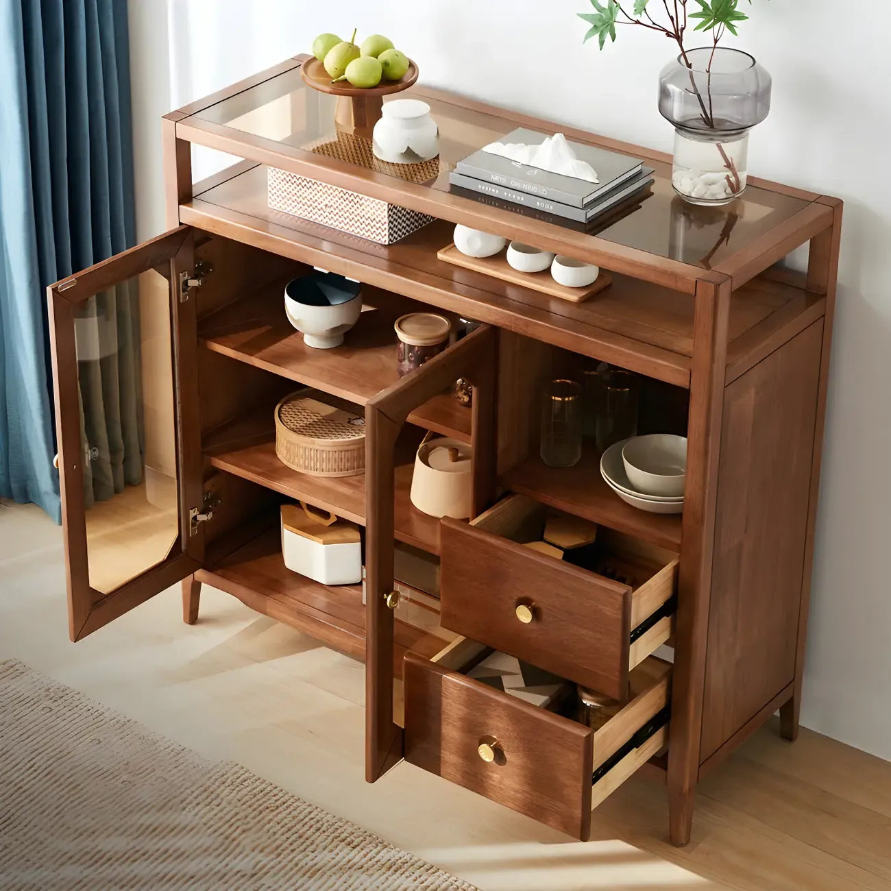 Modern Brown Glass Countertop Sideboard with Storage