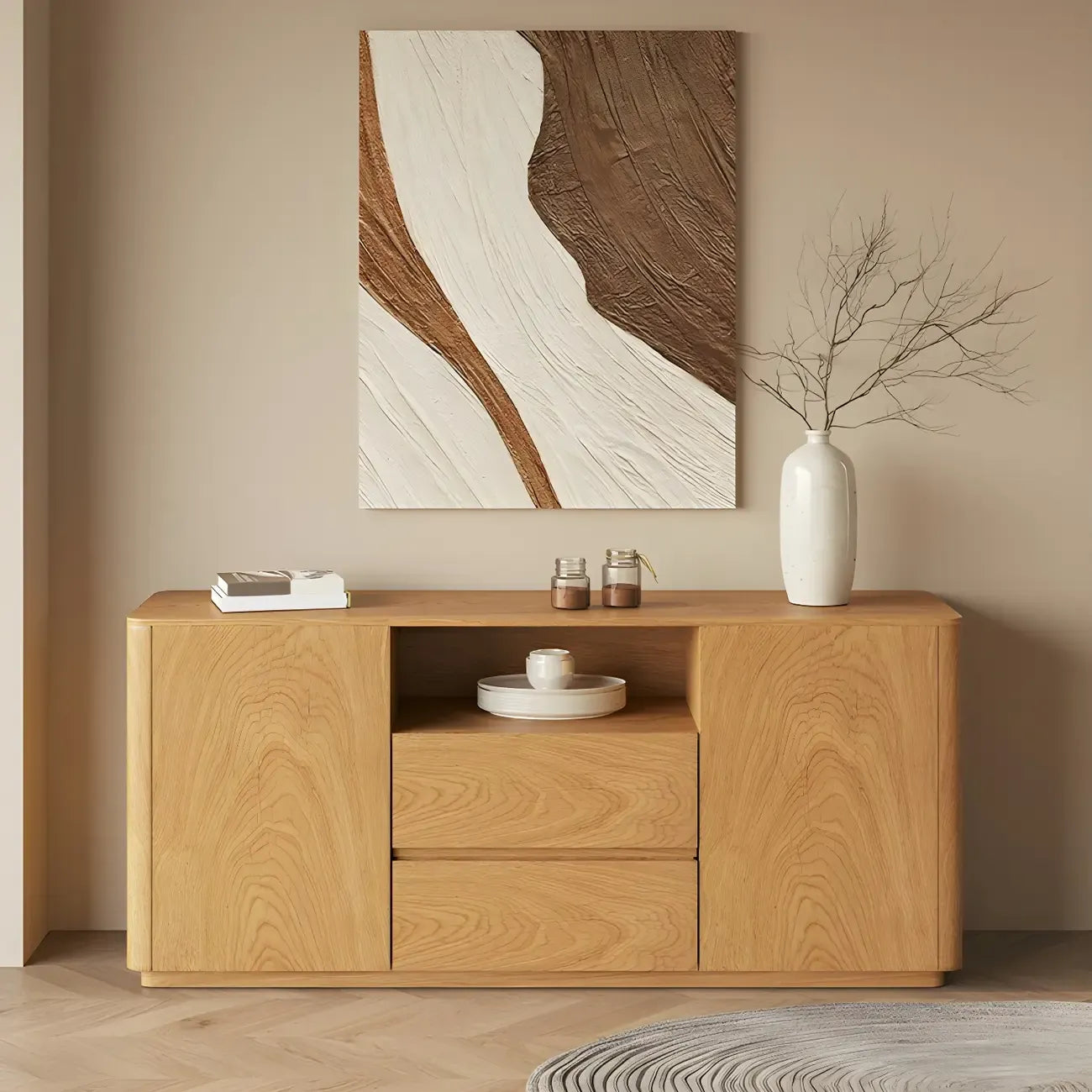 Scandinavian Brown Wooden Sideboard with Open Storage