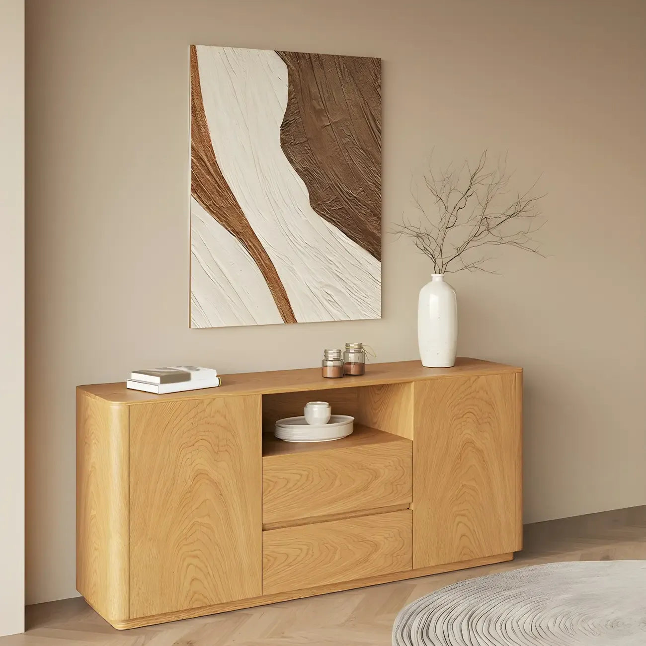 Scandinavian Brown Wooden Sideboard with Open Storage