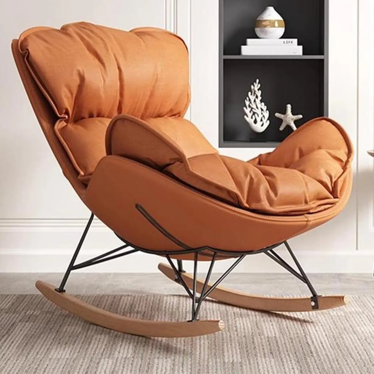 Faux Leather Wingback Rocking Chair with Removable Cushions