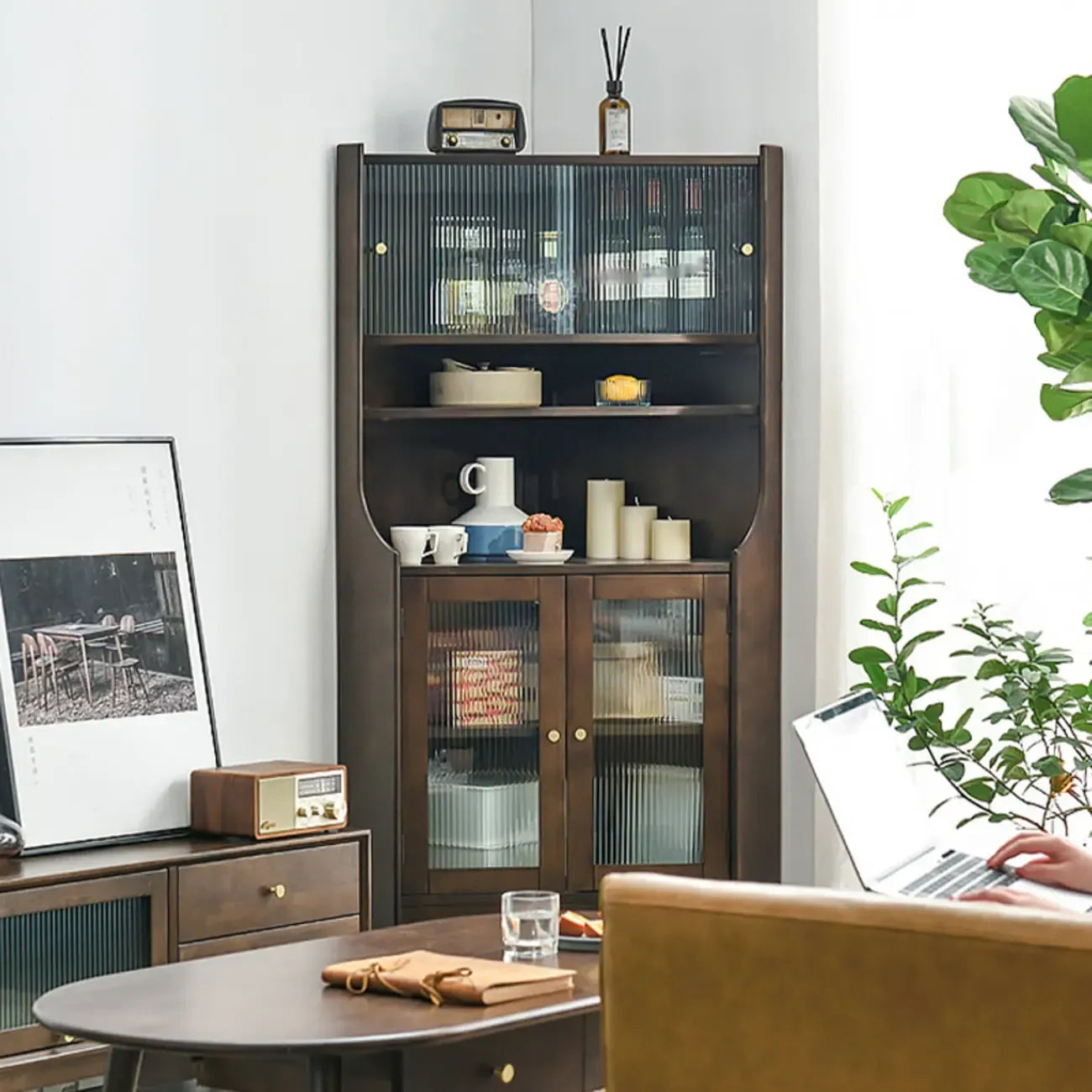 Rustic Brown Wooden Corner Wine Cabinet with Glass Doors