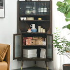 Rustic Brown Wooden Corner Wine Cabinet with Glass Doors