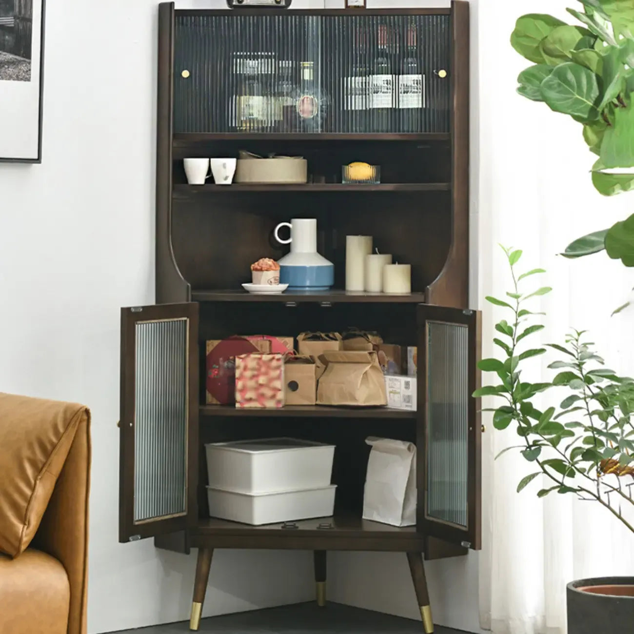 Rustic Brown Wooden Corner Wine Cabinet with Glass Doors