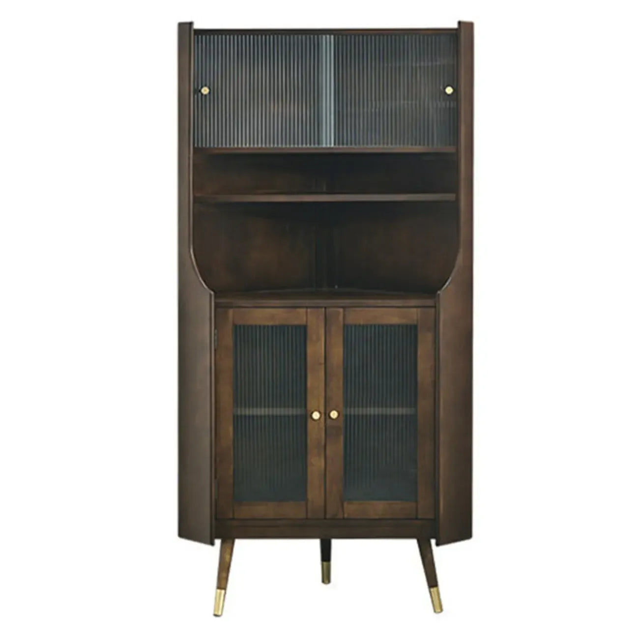 Rustic Brown Wooden Corner Wine Cabinet with Glass Doors