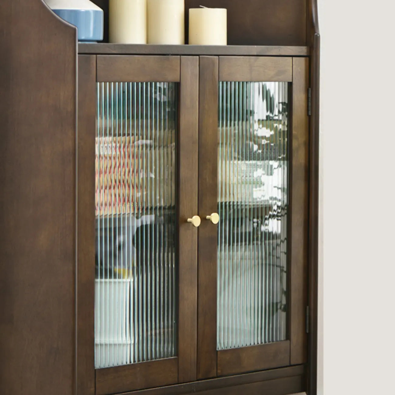 Rustic Brown Wooden Corner Wine Cabinet with Glass Doors