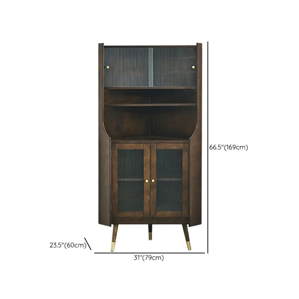 Rustic Brown Wooden Corner Wine Cabinet with Glass Doors