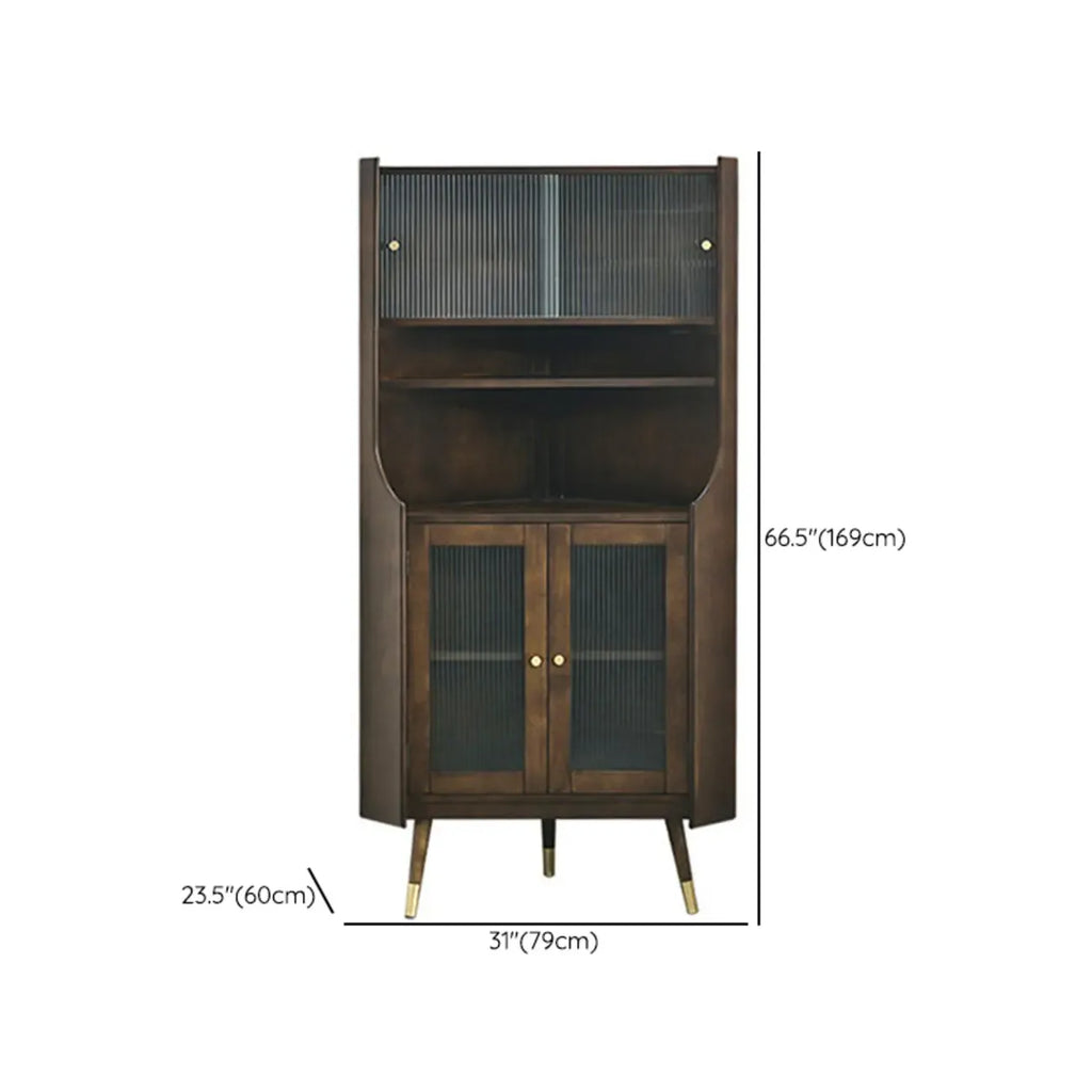 Rustic Brown Wooden Corner Wine Cabinet with Glass Doors