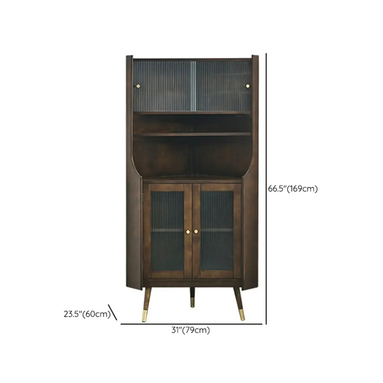 Rustic Brown Wooden Corner Wine Cabinet with Glass Doors