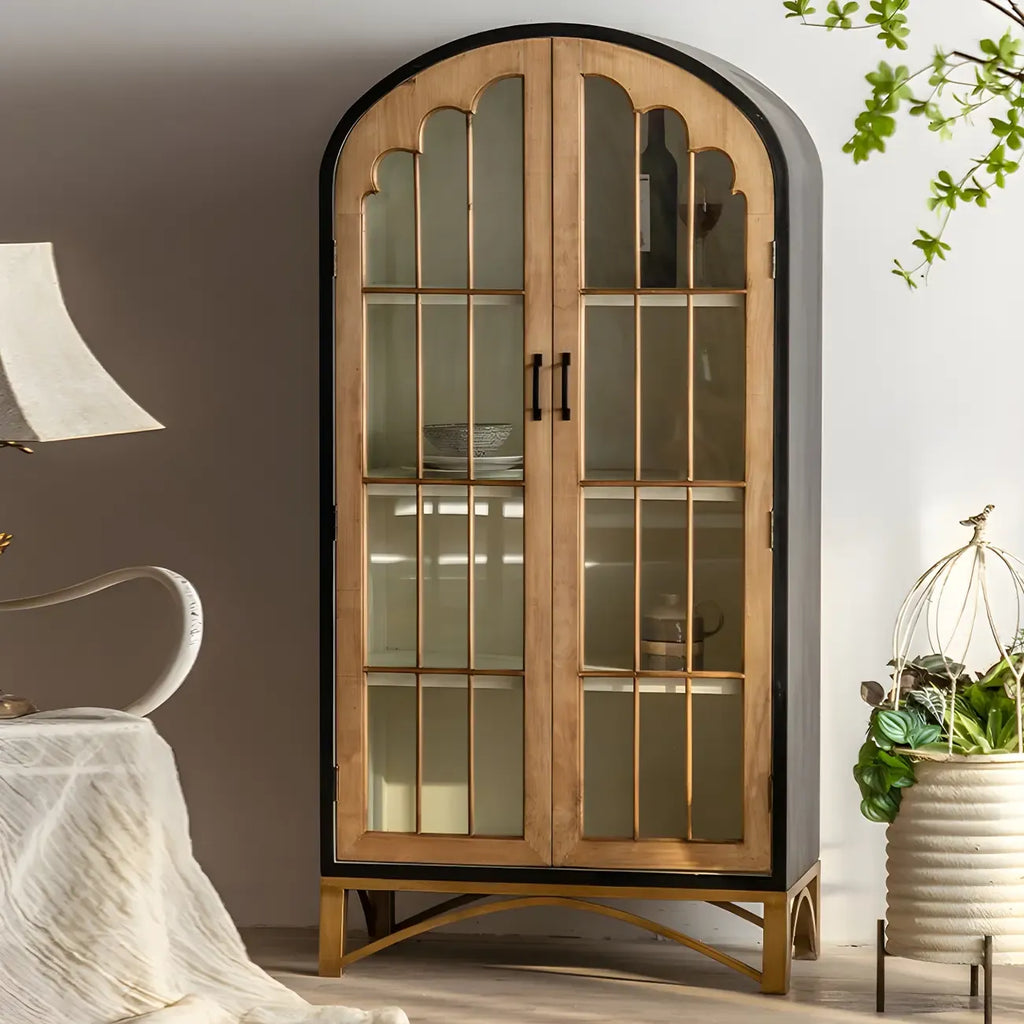 Modern Arched Light Wood Glass Door Display Cabinet