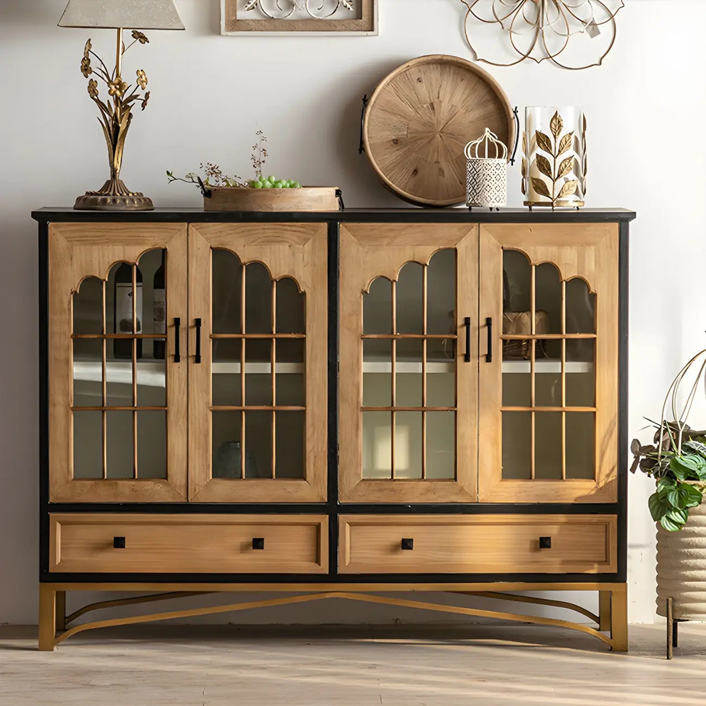 Modern Arched Light Wood Glass Door Display Cabinet