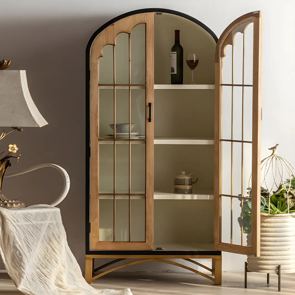 Modern Arched Light Wood Glass Door Display Cabinet