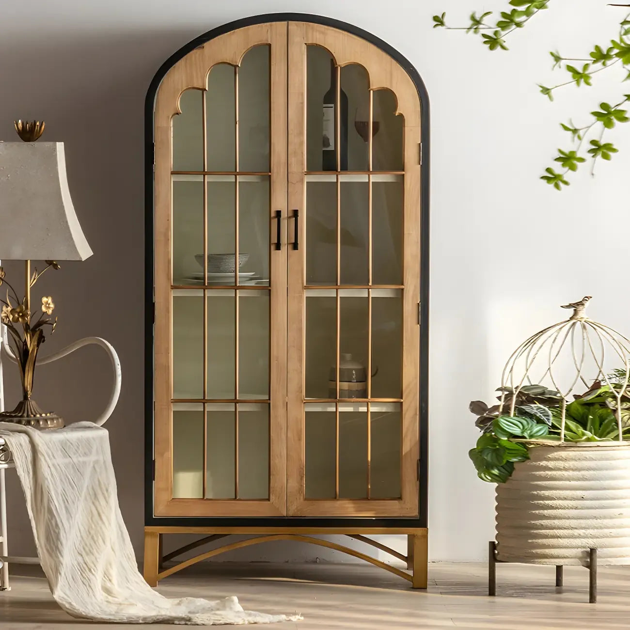 Modern Arched Light Wood Glass Door Display Cabinet