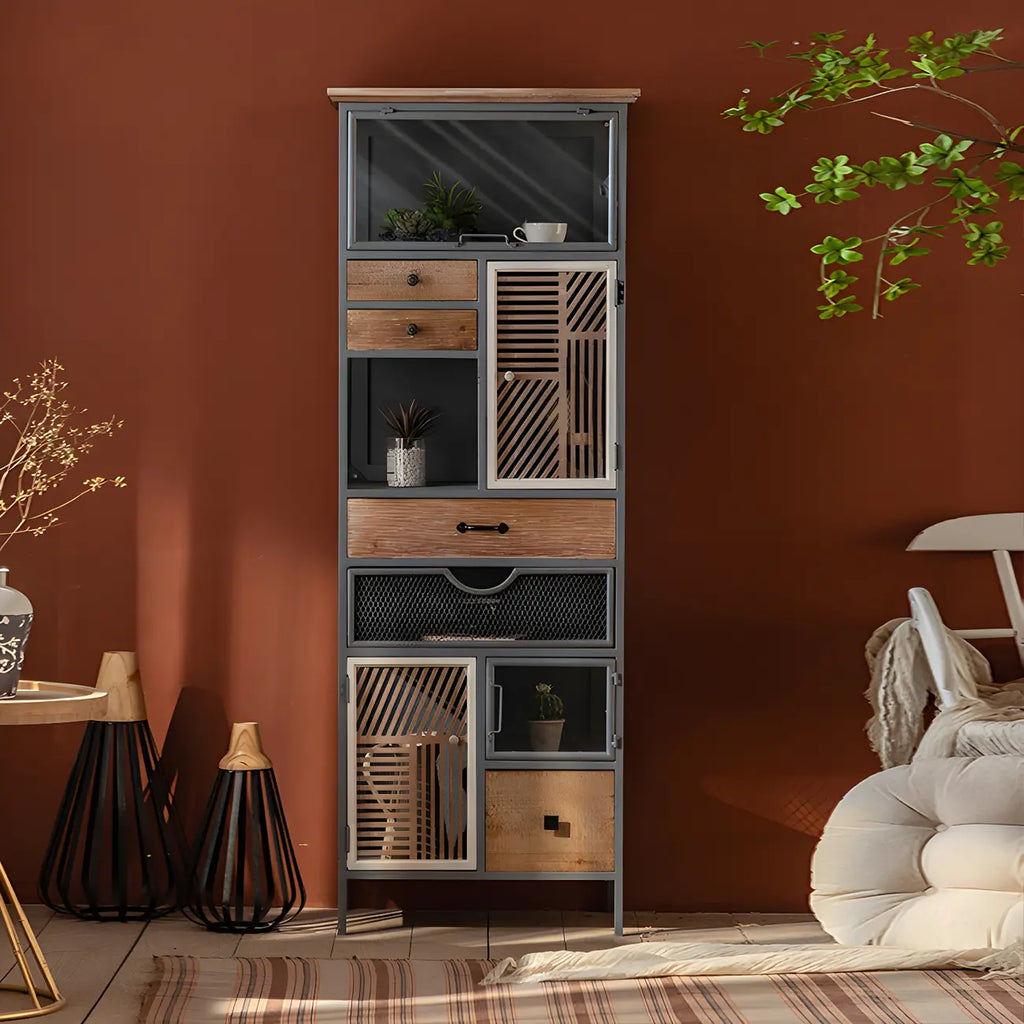 Modern Arched Light Wood Glass Door Display Cabinet