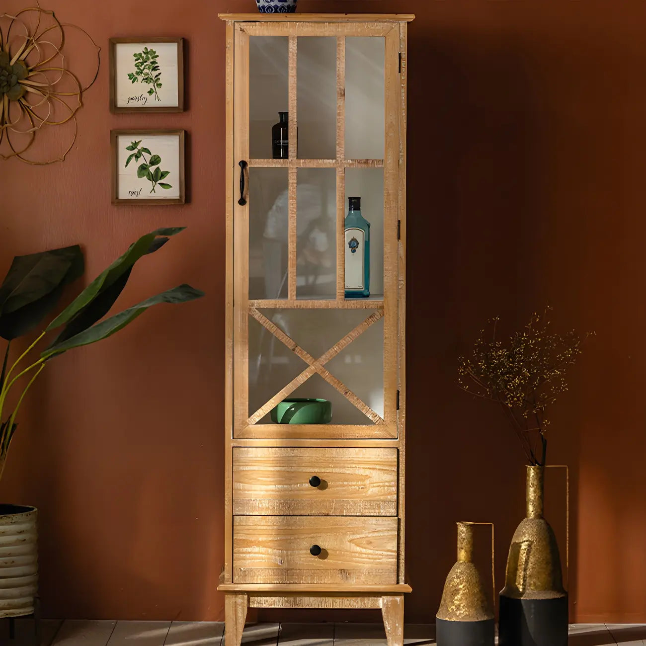 Modern Arched Light Wood Glass Door Display Cabinet