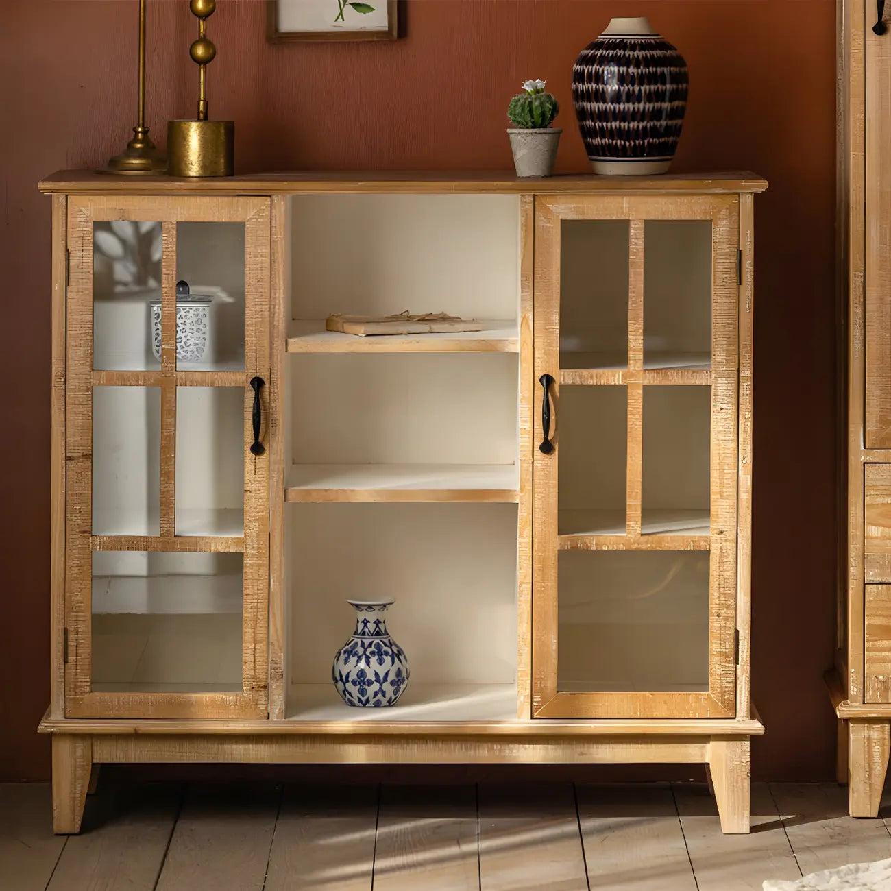 Modern Arched Light Wood Glass Door Display Cabinet