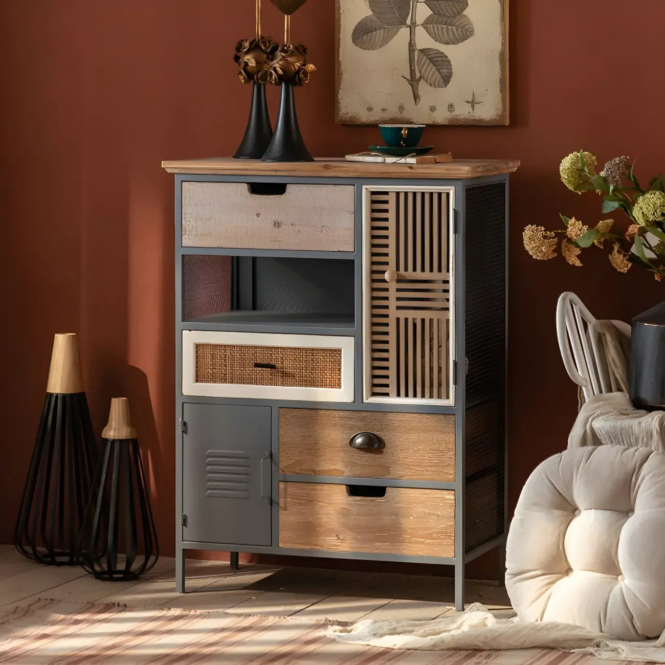 Modern Arched Light Wood Glass Door Display Cabinet