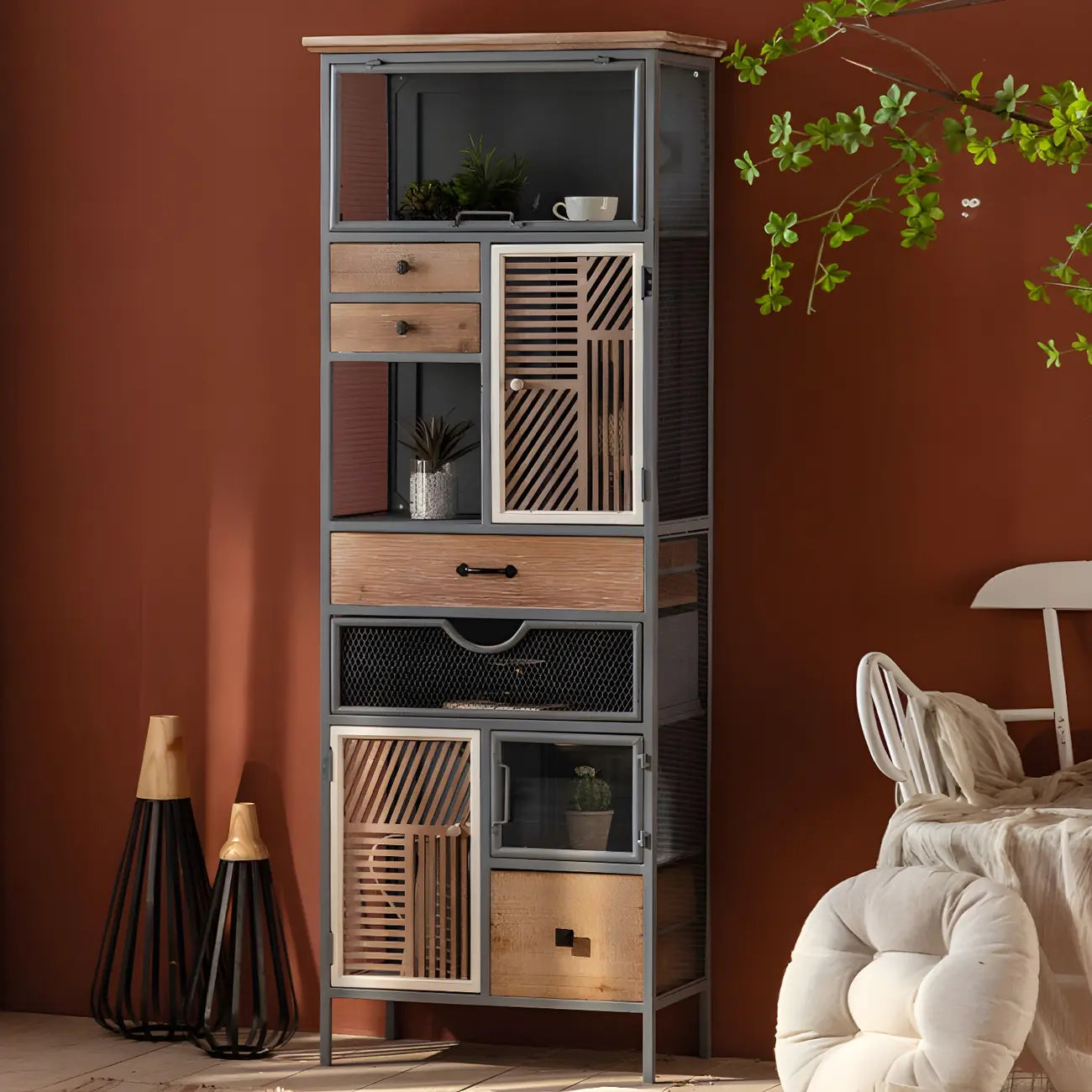 Modern Arched Light Wood Glass Door Display Cabinet