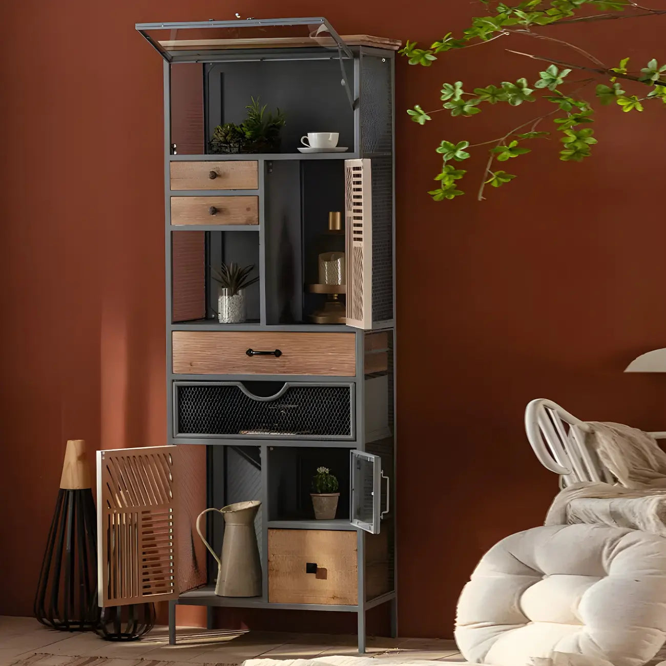 Modern Arched Light Wood Glass Door Display Cabinet