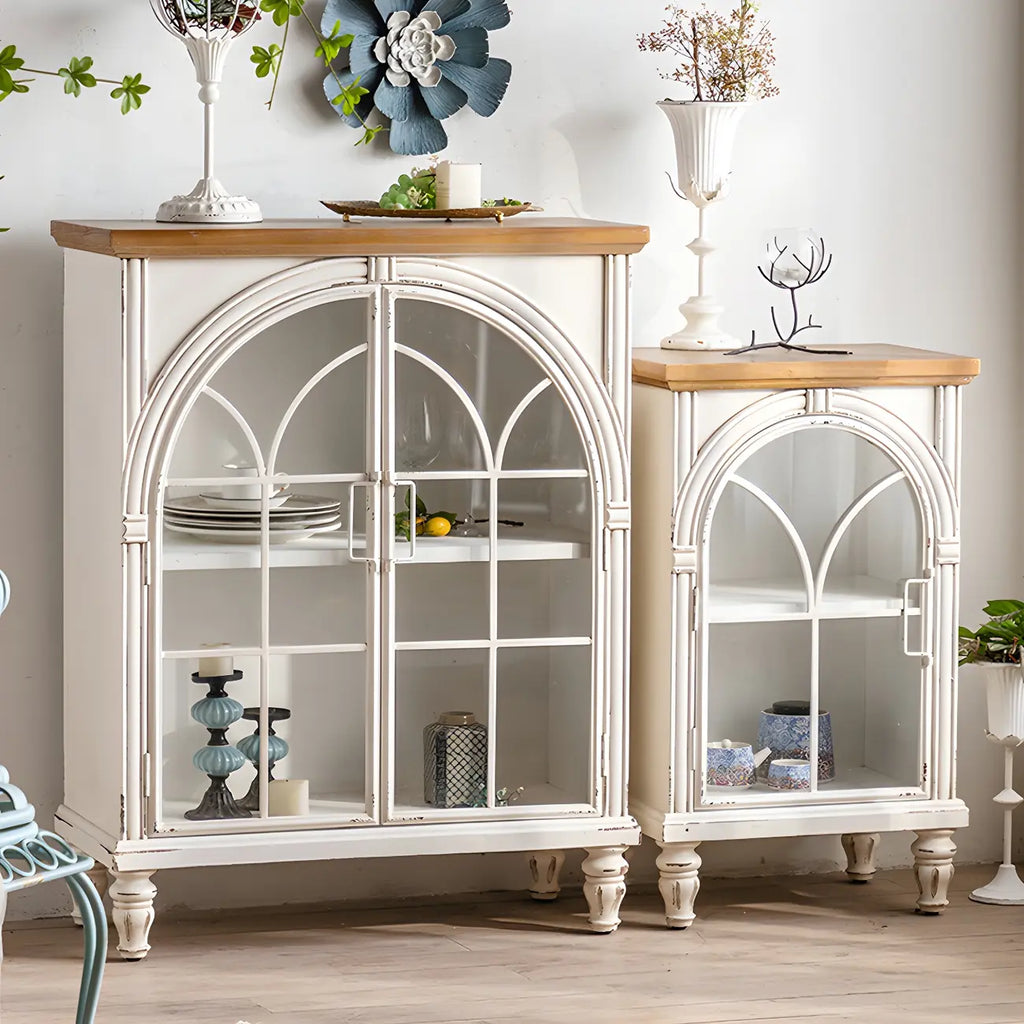 Classic Wooden Display Cabinet with White Curved Doors for Home