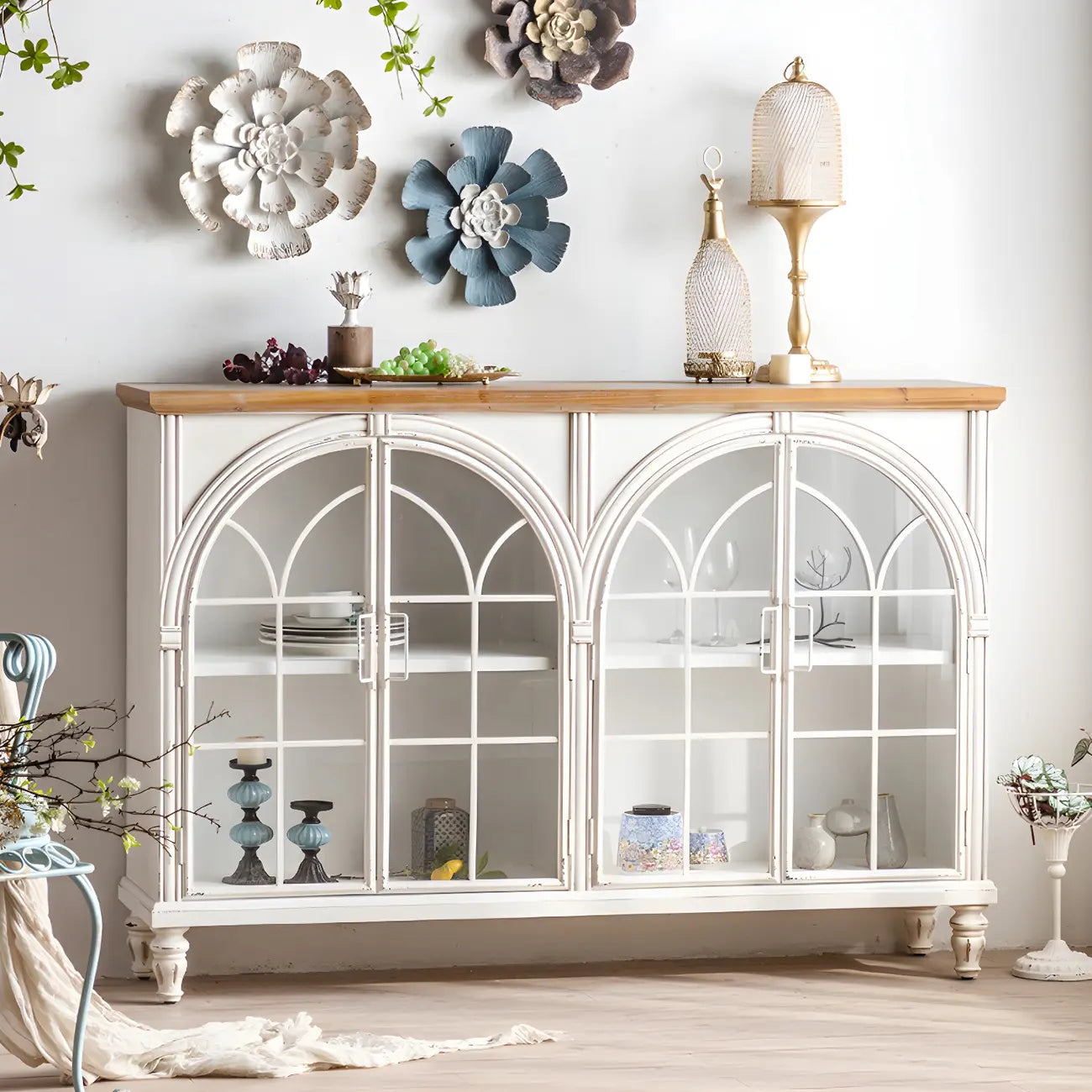 Classic Wooden Display Cabinet with White Curved Doors for Home
