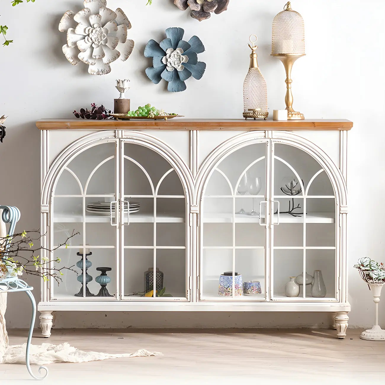 Classic Wooden Display Cabinet with White Curved Doors for Home