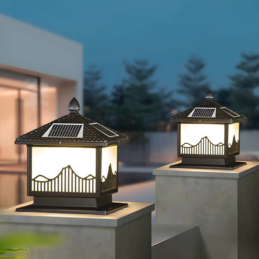 Chic Black House-Shape LED Solar Outdoor Post Lights