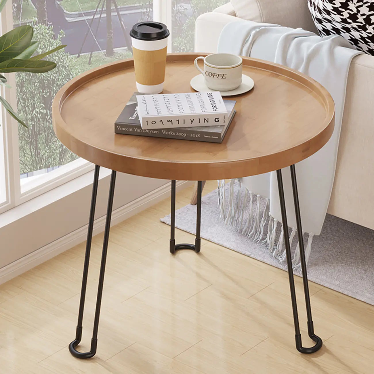 Round Natural Wood Tray Top End Table for Living Room