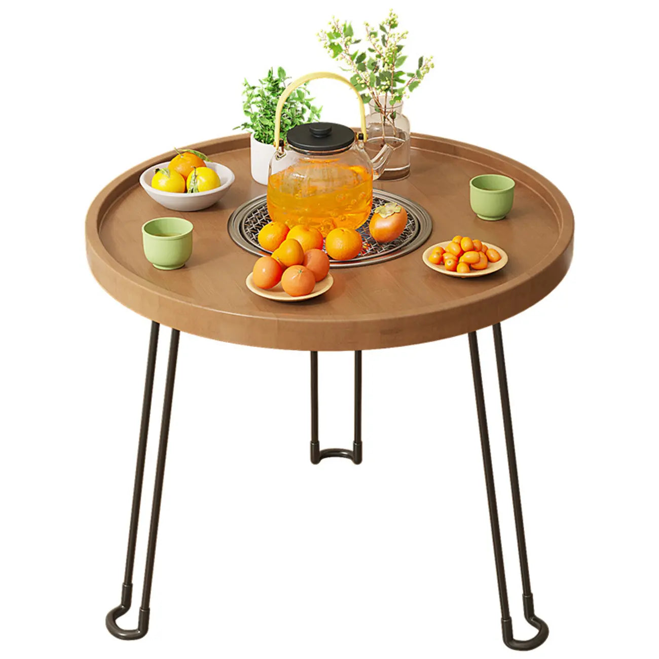 Round Natural Wood Tray Top End Table for Living Room