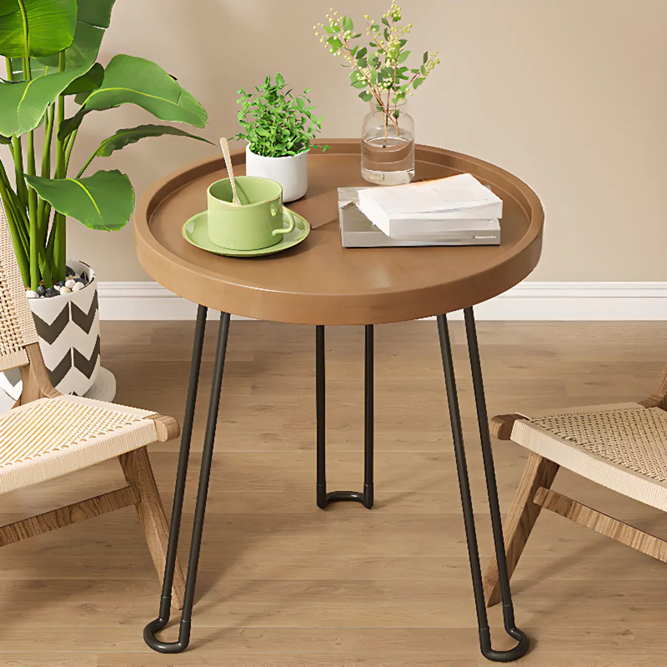 Round Natural Wood Tray Top End Table for Living Room
