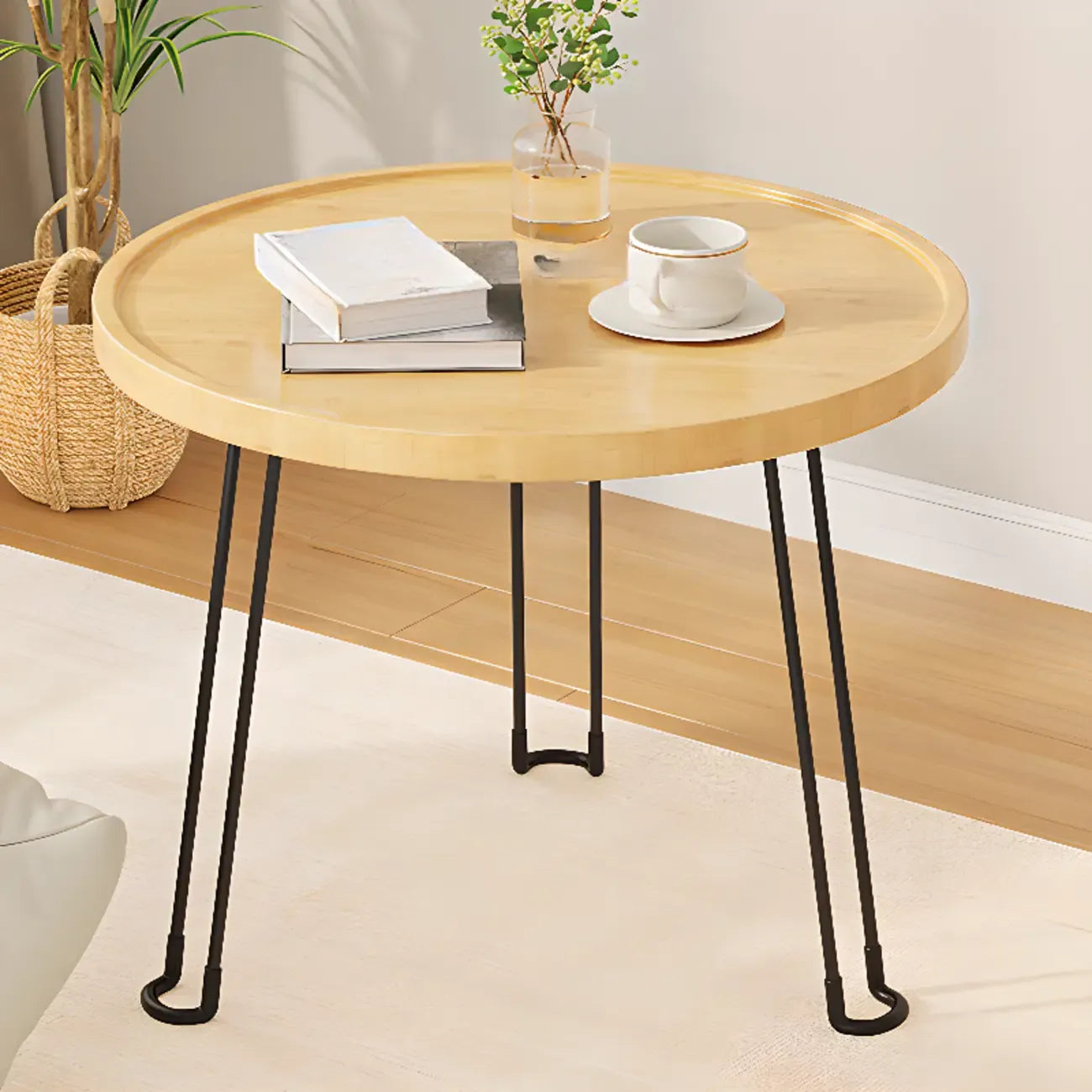 Round Natural Wood Tray Top End Table for Living Room